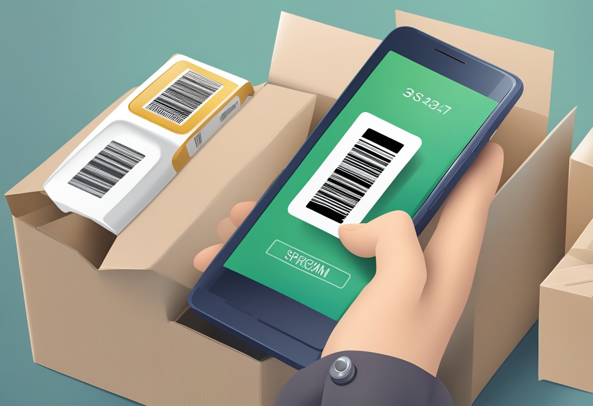 A hand holding a smartphone scanning a barcode on a product package