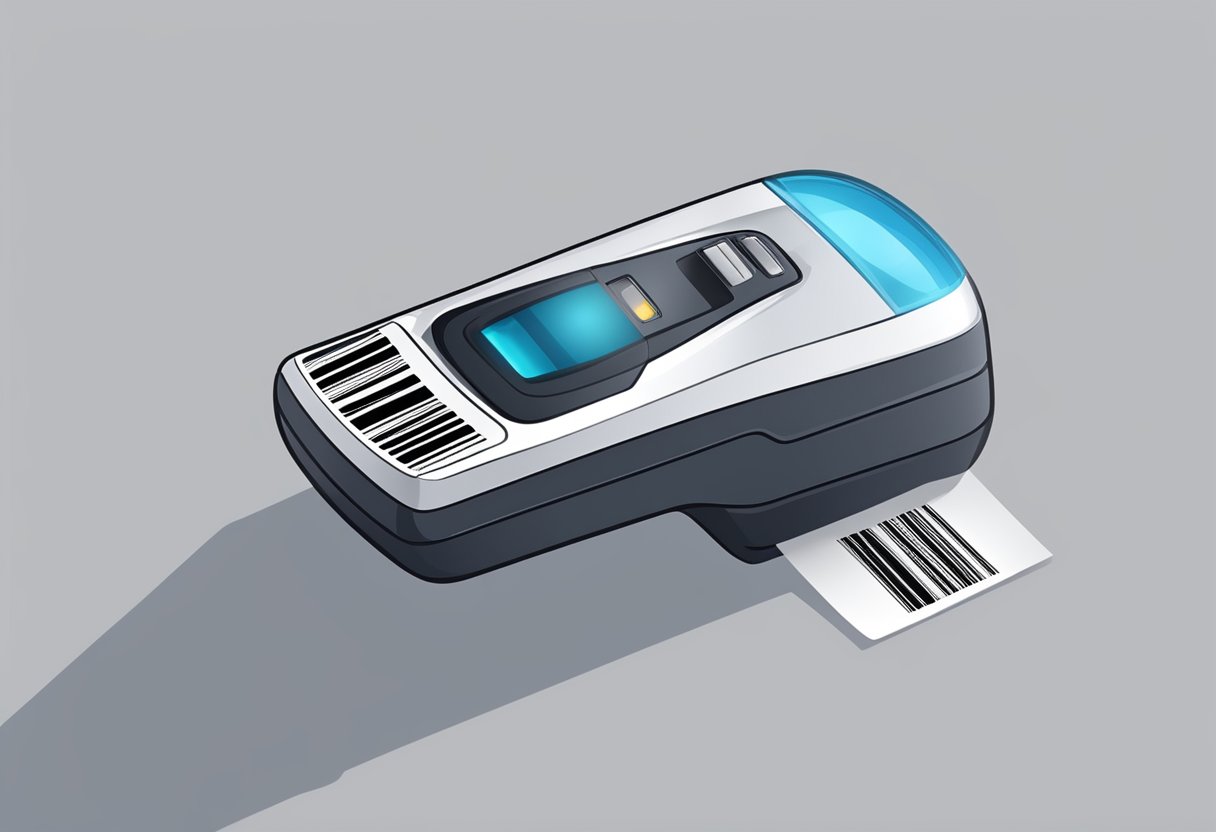 A hand holds a barcode scanner over a product. The scanner emits a red laser beam, reading the product's barcode