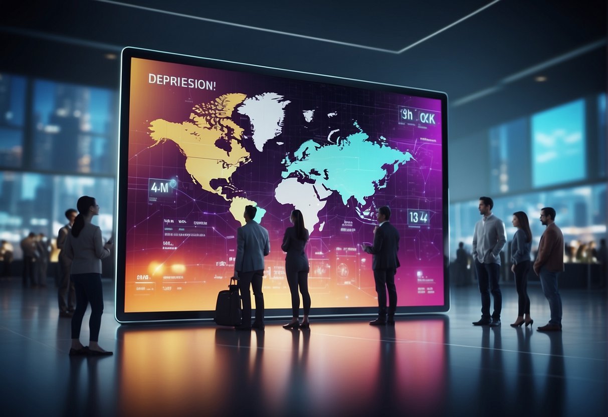 Various AI tools displayed on a digital screen, surrounded by a group of people interacting with them. Bright colors and futuristic design elements