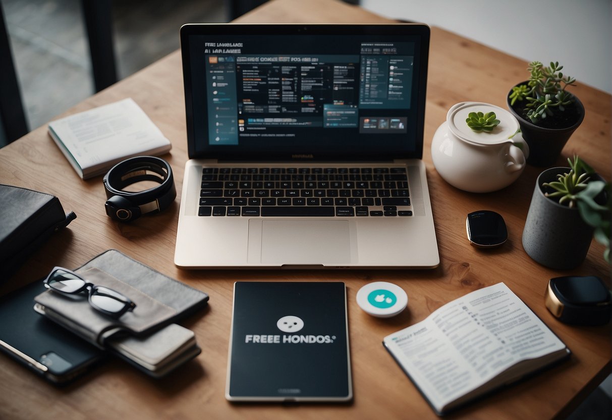 An open laptop displaying "Free AI Language Models" with various tools and icons around it