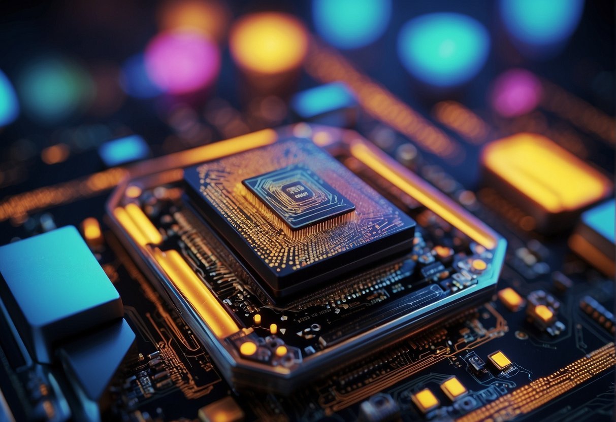 An AI-powered computer generating colorful, abstract shapes and patterns on a digital canvas