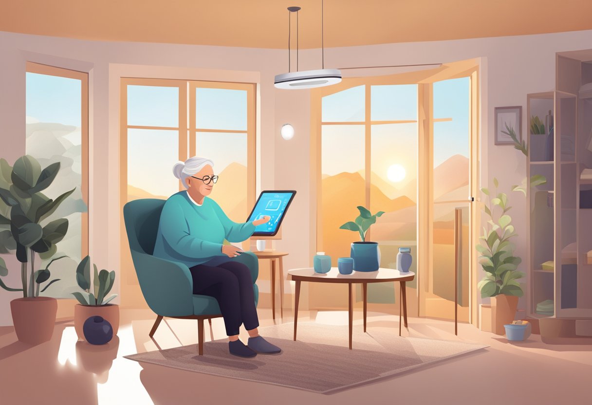 An elderly person using smart home technology to control lighting, temperature, and security, while a virtual assistant reminds them to take medication and stay active