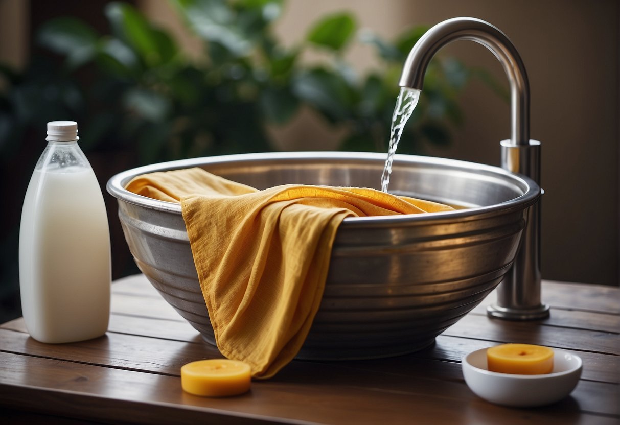 A saree draped over a washing basin, surrounded by a bucket of water, soap, and a gentle detergent