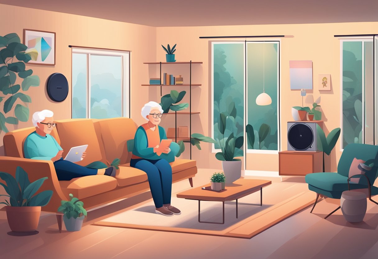 Elderly person in a cozy living room, surrounded by smart home technology like voice-activated assistants, motion-sensor lights, and remote-controlled appliances