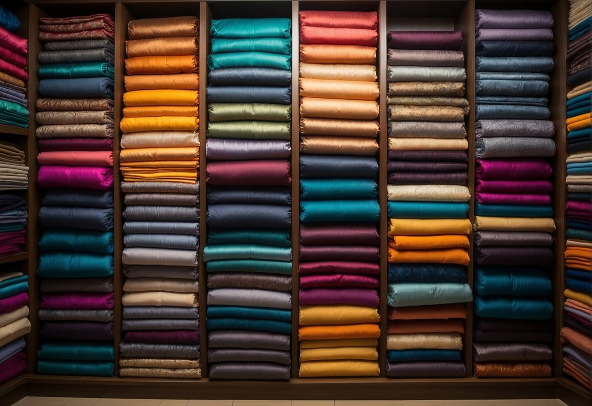A closet with neatly folded sarees stacked on shelves, with each saree covered in a breathable fabric to prevent dust and maintain their vibrant colors