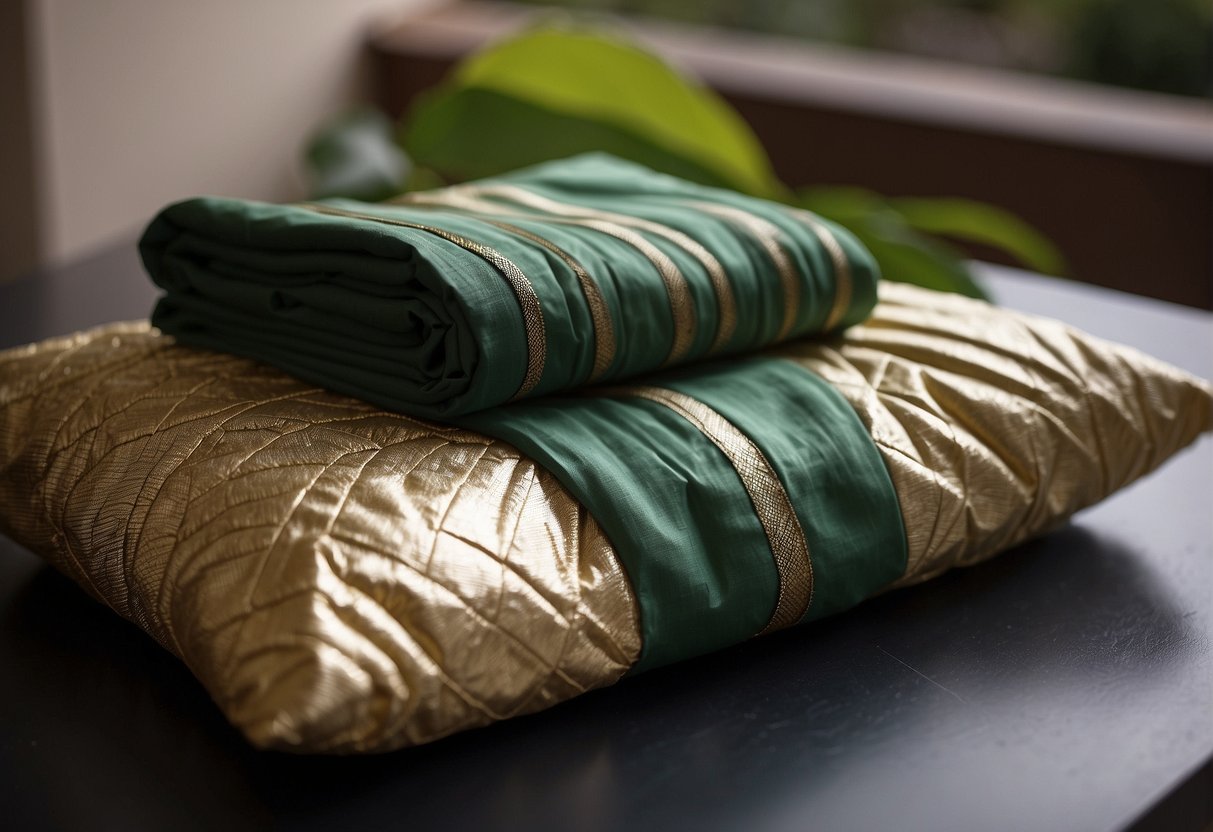 A neatly folded saree is placed in a breathable fabric storage bag, with a sachet of neem leaves to deter pests. The bag is then stored in a cool, dry place away from direct sunlight