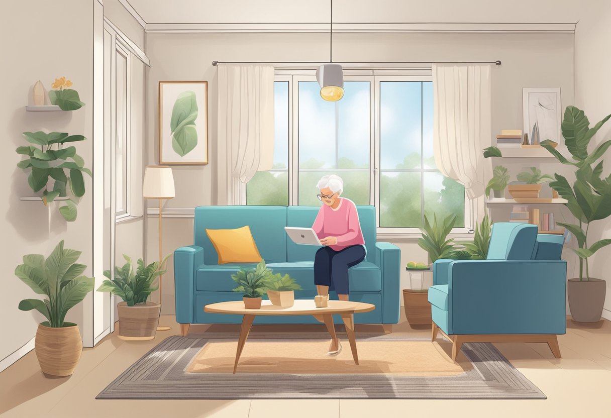 An elderly person adjusting smart home settings for comfort and convenience