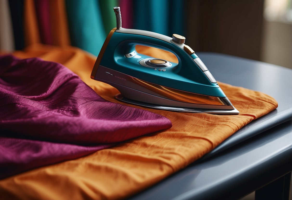 A colorful saree laid flat on an ironing board, with a steam iron gliding smoothly over the fabric, creating crisp, clean lines