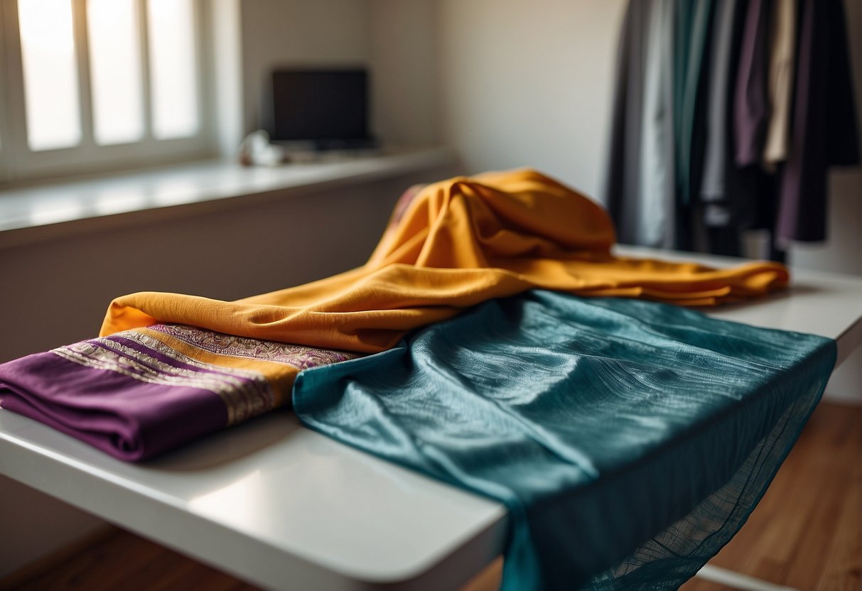 A colorful saree laid flat on an ironing board, with a steam iron nearby. The fabric is smooth and ready for pressing