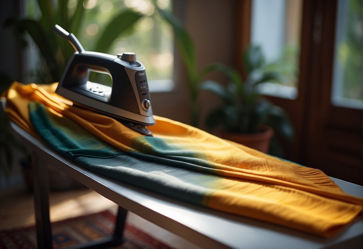 A colorful saree laid flat on an ironing board, with a steam iron gliding smoothly over the fabric, creating crisp and neat pleats