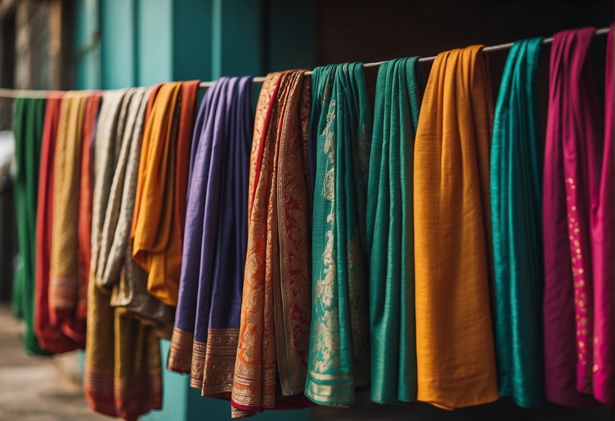 A colorful saree hanging on a clothesline, with a dry cleaning tag attached, surrounded by other clean and neatly folded sarees