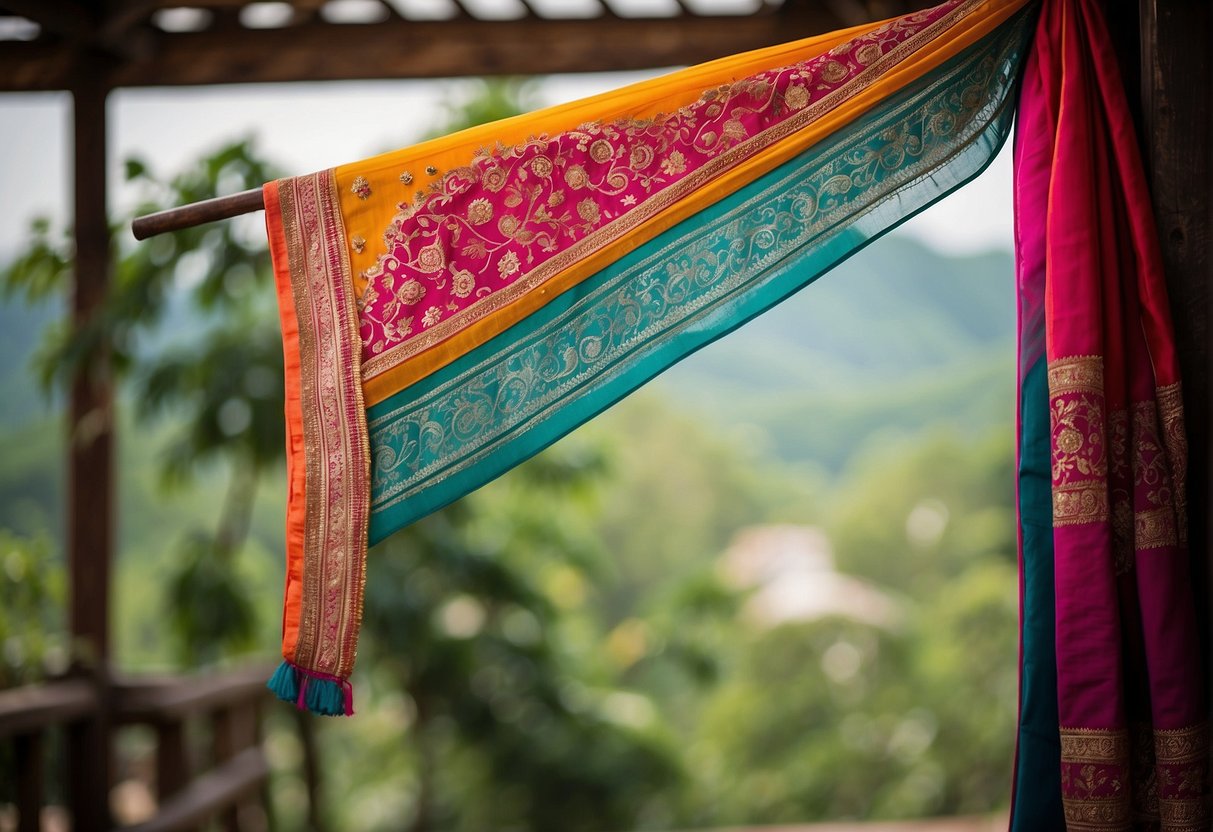 A colorful saree hanging on a wooden hanger, with a delicate pattern and intricate embroidery, surrounded by a gentle breeze