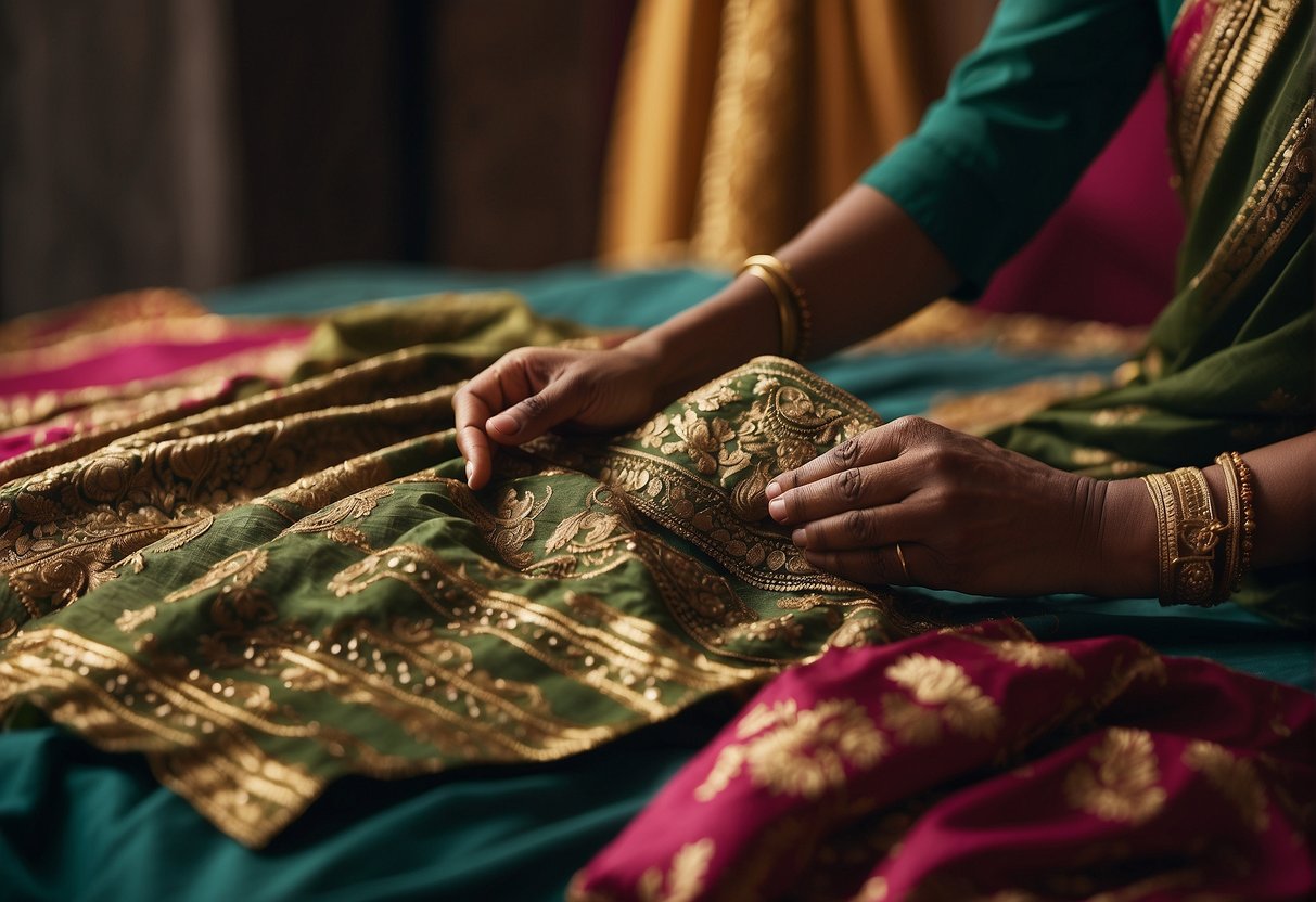 A beautifully patterned saree being carefully examined for any signs of wear or stains, with a dry cleaning tag visible
