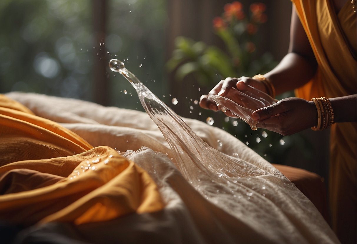 A gentle hand pours lukewarm water over a delicate saree, avoiding harsh scrubbing. A mild detergent is carefully applied, followed by a gentle rinse and air drying in a shaded area