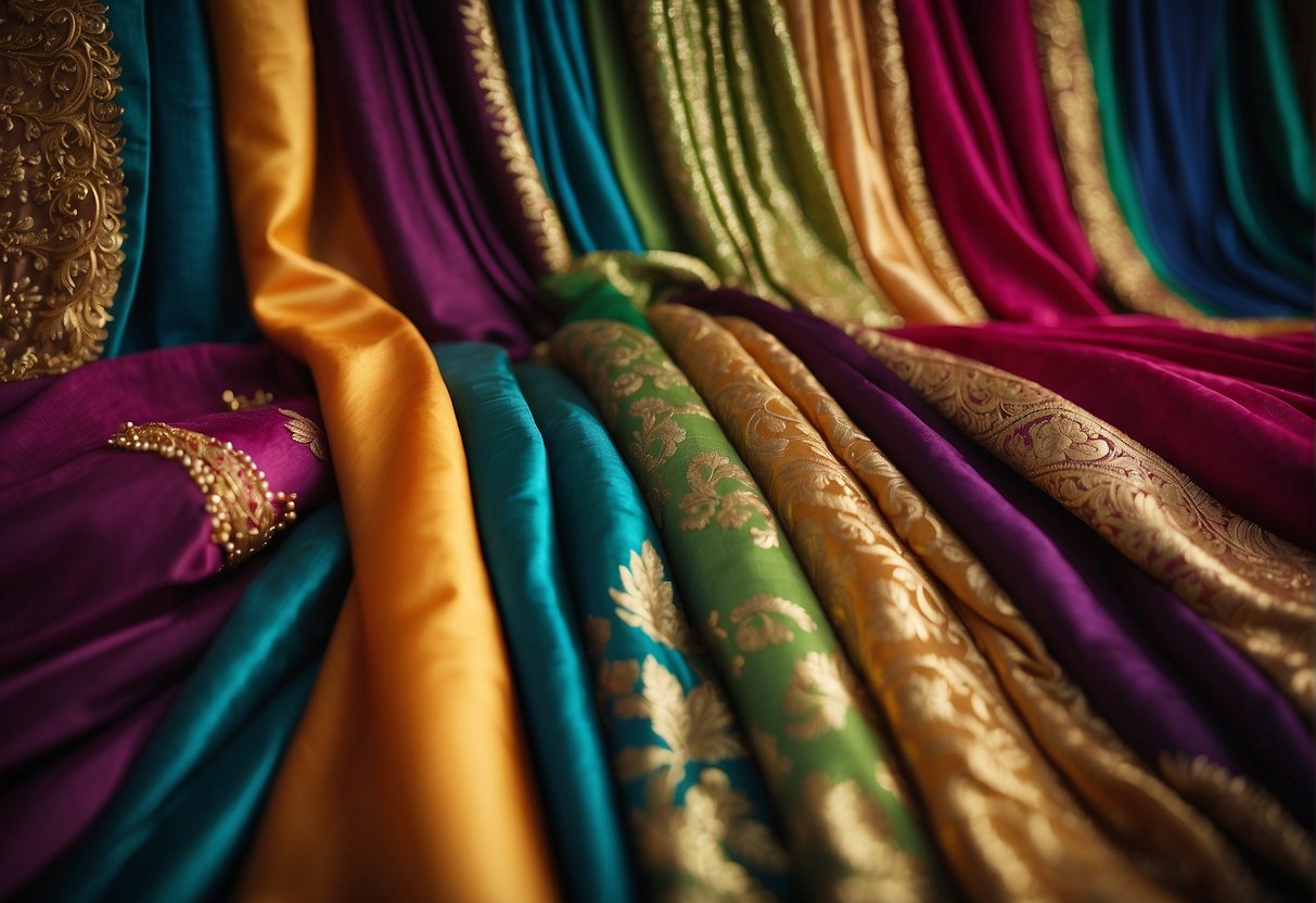 A variety of saree fabrics laid out, showcasing their unique textures and characteristics. Care instructions for delicate fabrics are displayed nearby