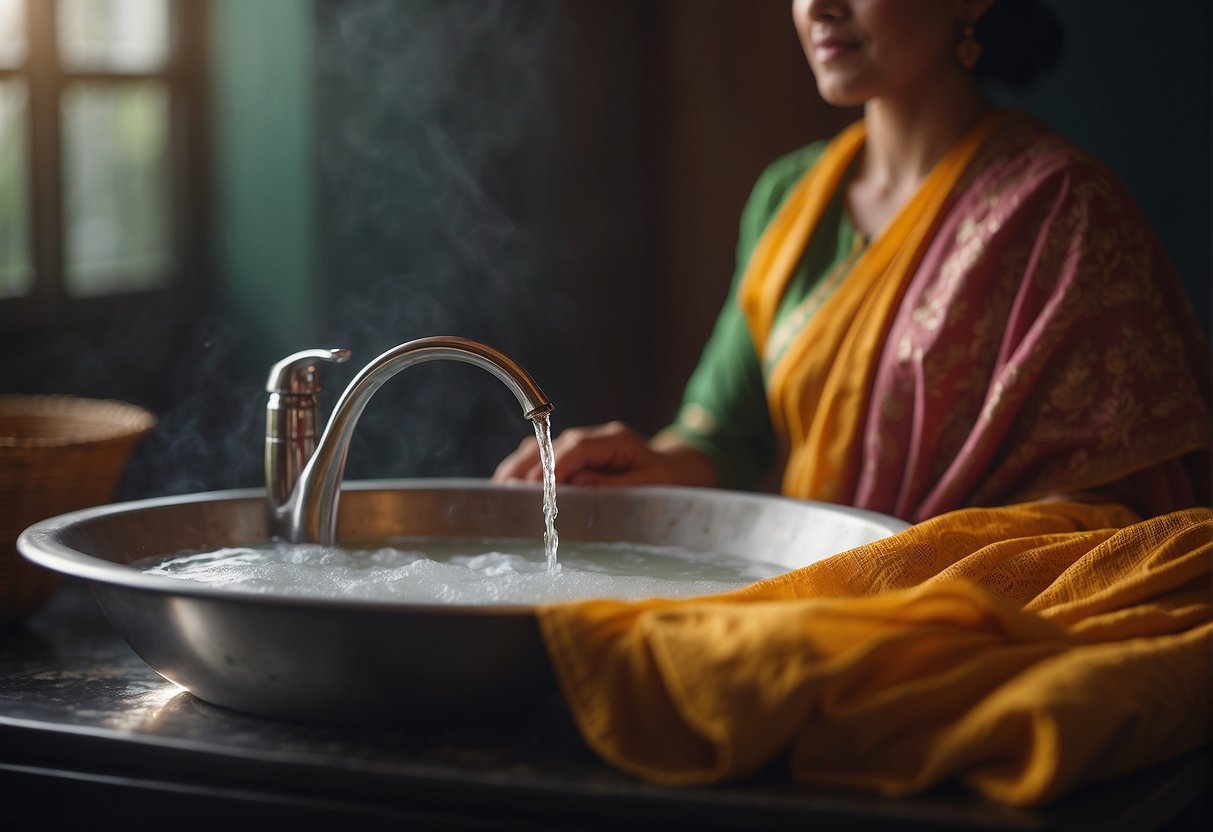 A delicate saree being gently hand-washed in a basin of lukewarm water, with a mild detergent, and then laid flat to dry on a clean towel