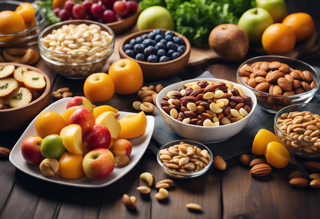 Smart Snacking for Appetite Control: A table with a variety of healthy snacks like fruits, nuts, and vegetables, alongside a glass of water, displayed in an organized and appealing manner