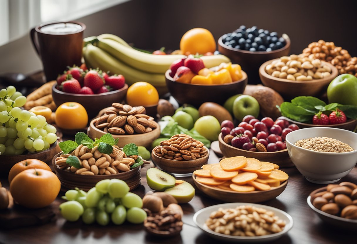 Smart Snacking for Appetite Control: A table with a variety of healthy snacks, such as fruits, nuts, and vegetables, displayed alongside a book or article about hunger and appetite control