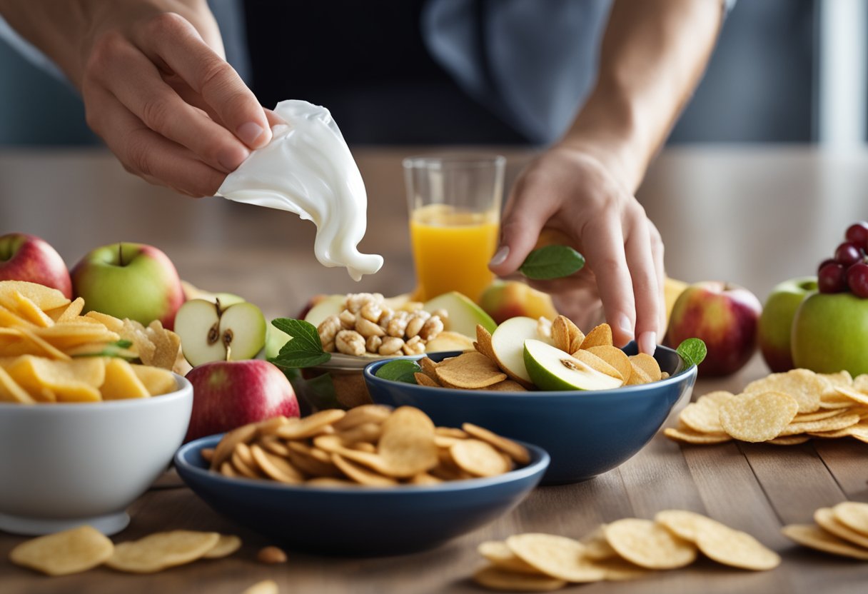 Smart Snacking for Appetite Control: A table with a variety of healthy snacks like fruits, nuts, and yogurt. A person reaching for an apple while passing up a bag of chips