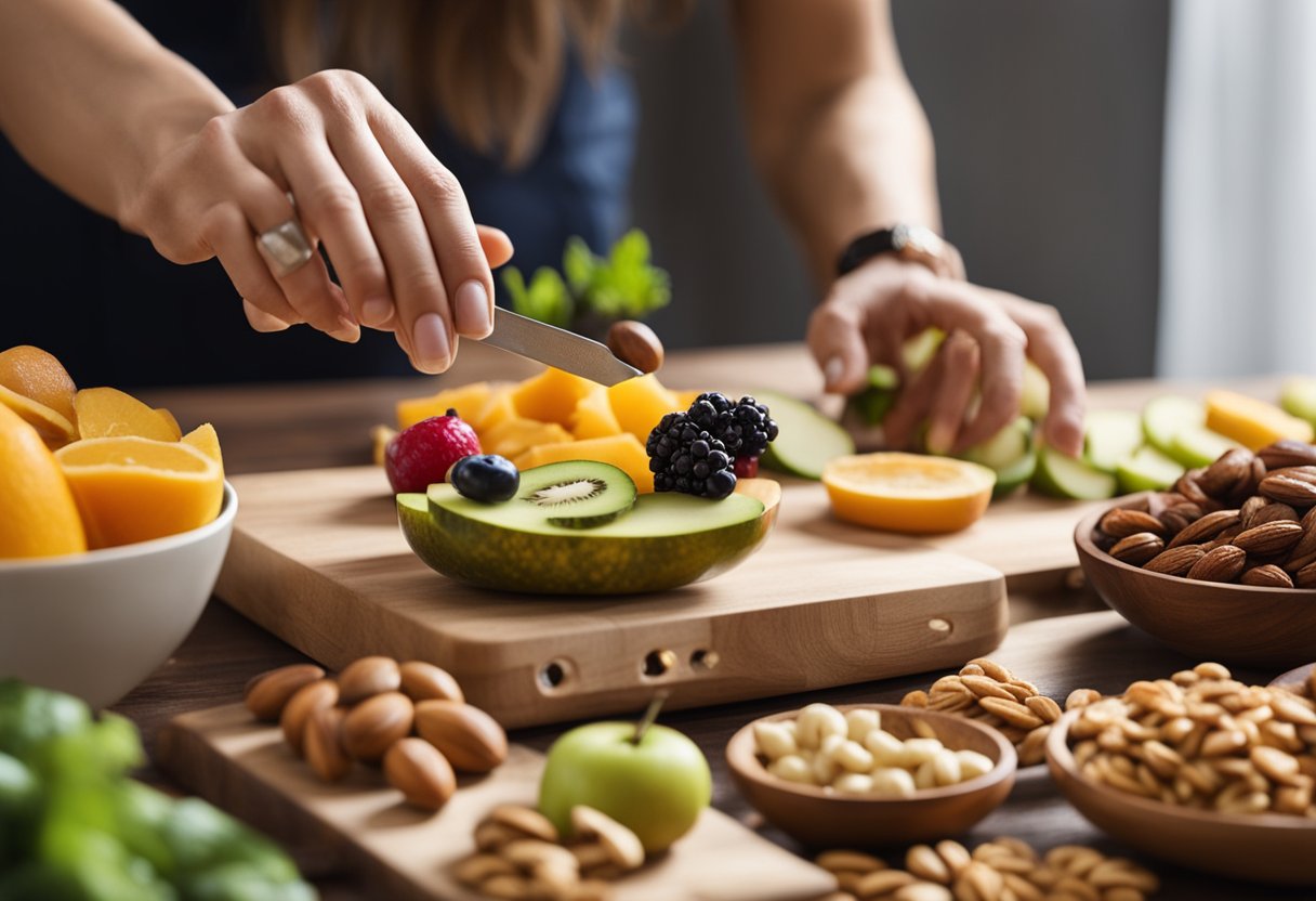 Smart Snacking for Appetite Control: A table with a variety of healthy snacks: fruits, nuts, and vegetables. A person reaches for a snack while a measuring tape and scale sit nearby