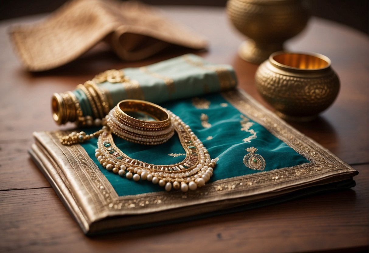A table with a neatly folded Nivi style saree, a mirror, and a step-by-step guidebook laid out. A pair of elegant sandals and jewelry placed nearby for accessorizing