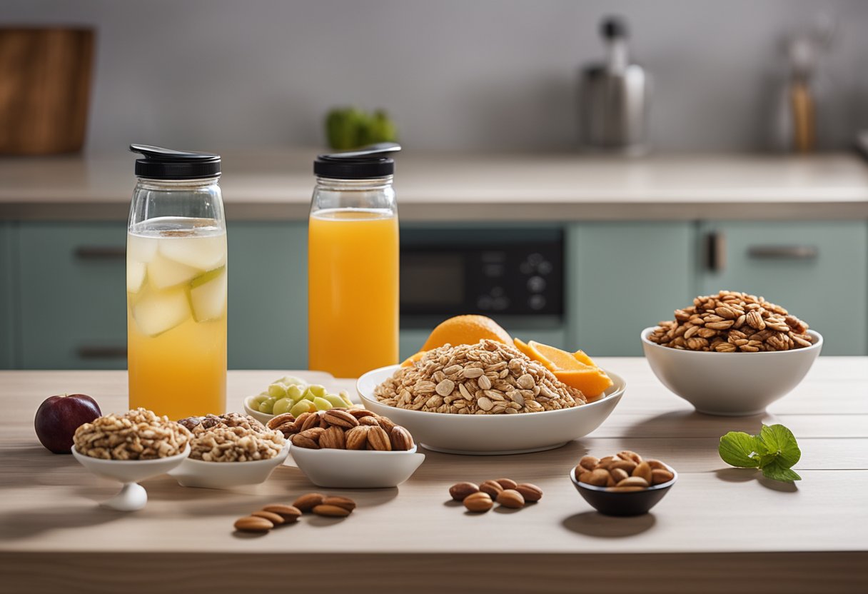 Smart Snacking for Appetite Control: A water bottle and healthy snacks arranged on a table, with fruits, nuts, and a granola bar