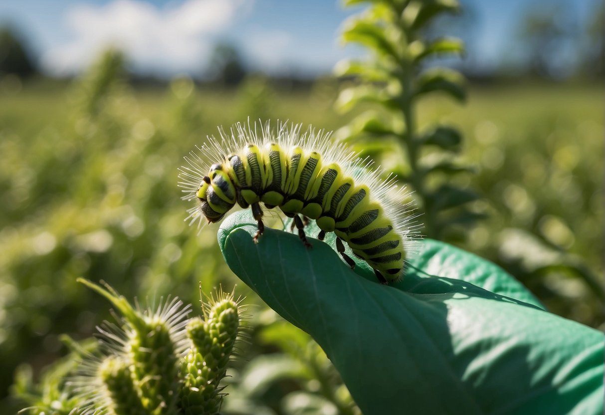 Green caterpillars being removed from plants by hand. Spraying natural insecticide. Protective netting over crops