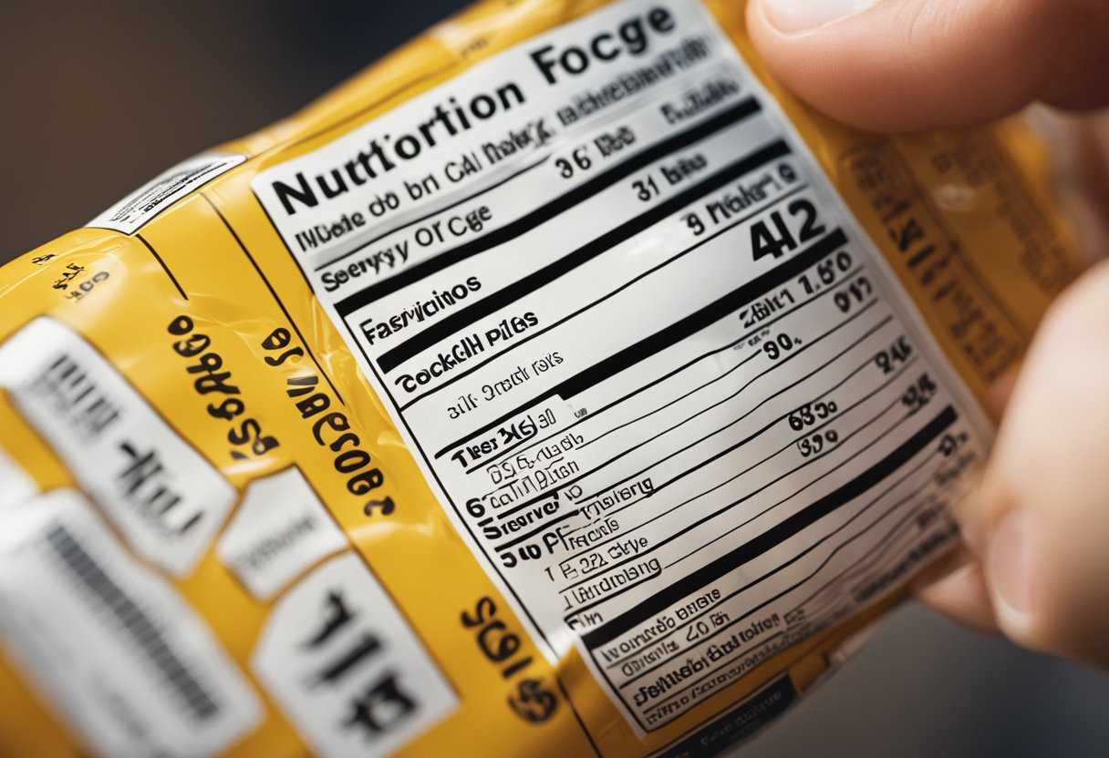 Smart Snacking for Appetite Control: A hand reaches for a nutrition label on a snack package, with a focus on the calorie and serving size information