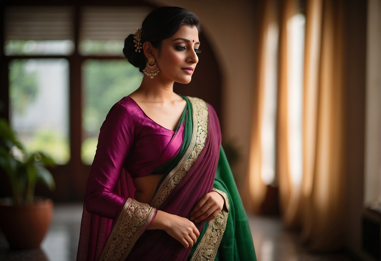 A saree being draped in the Nivi style, with intricate folds and pleats, creating a graceful and elegant silhouette