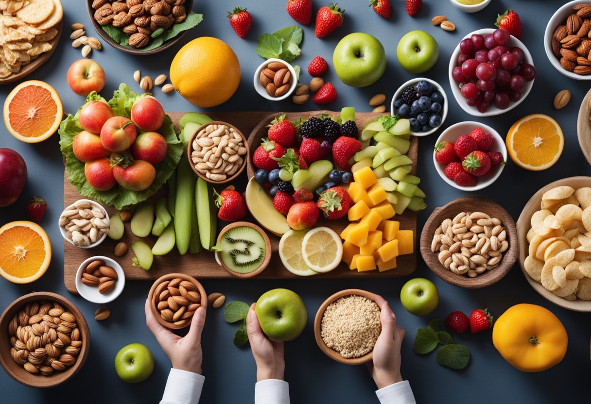 Smart Snacking for Appetite Control: Various healthy snacks arranged on a table with fruits, nuts, and vegetables. A person reaching for a snack, indicating smart snacking for appetite control