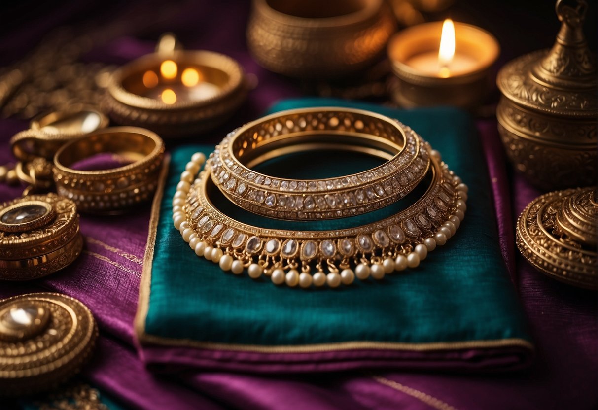 A table with a neatly folded Nivi style saree, a collection of accessories such as jewelry, bangles, and hair ornaments, a mirror, and a step-by-step guide book