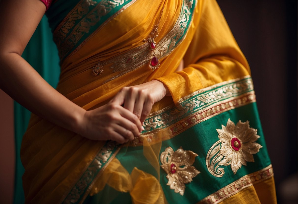 A woman's hand holds a corner of the saree, gracefully draping it over her shoulder and around her waist in the traditional Bengali style