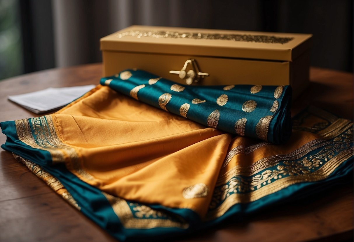 A table with a folded Bengali saree, a box of safety pins, and a step-by-step instruction booklet on how to drape a saree in Bengali style