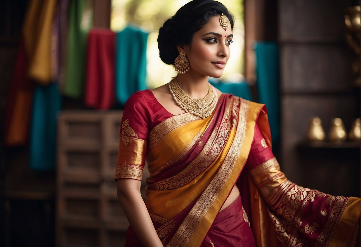 A colorful saree being draped in the traditional Bengali style with intricate folds and finishing touches