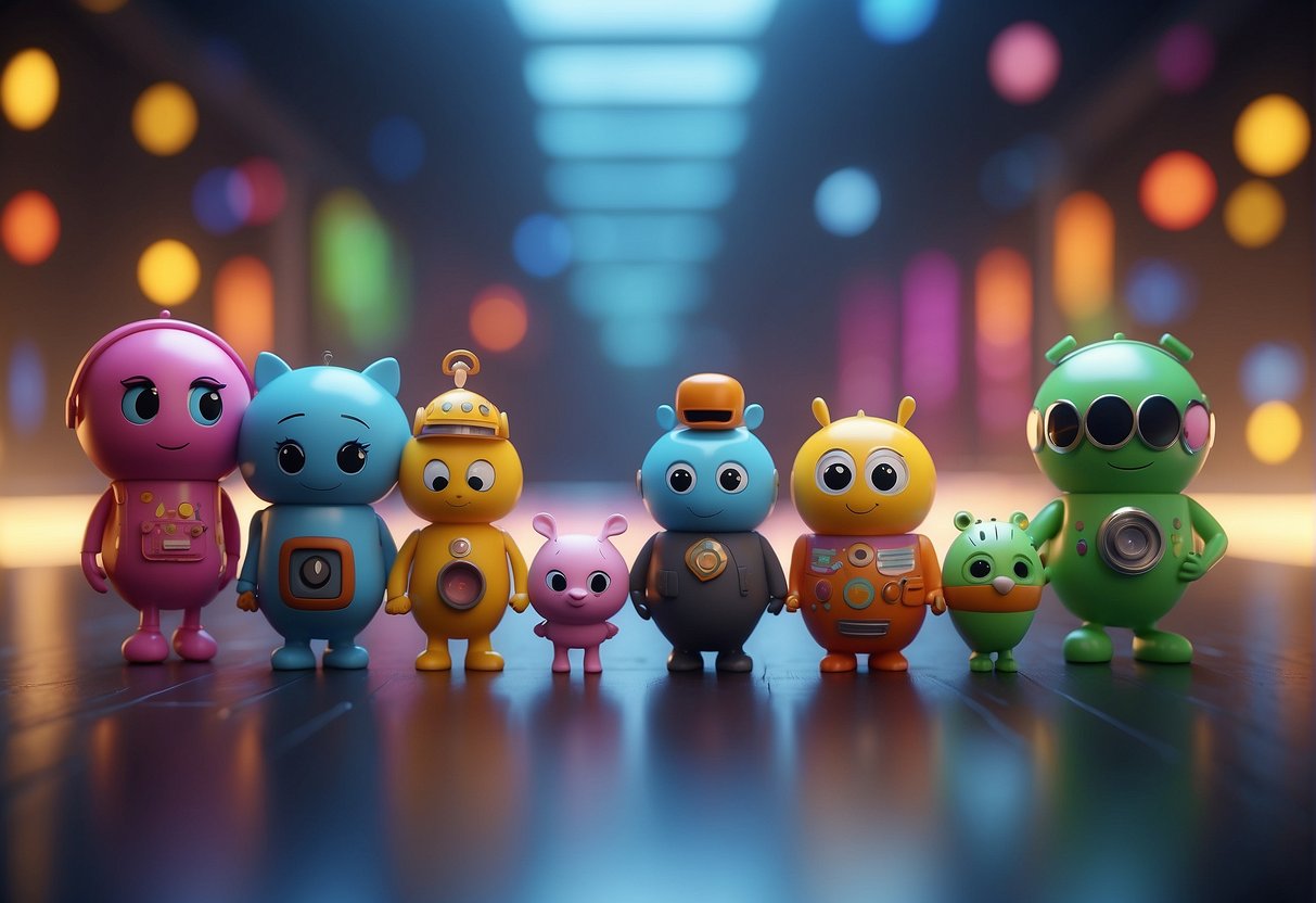A colorful array of cartoon characters interacting with advanced AI technology