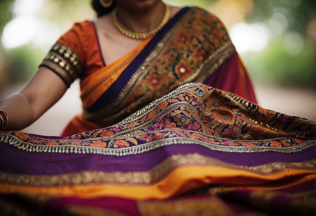 A woman's hands hold a vibrant, patterned Gujarati saree. The fabric is being gracefully draped and pleated, showcasing the traditional style