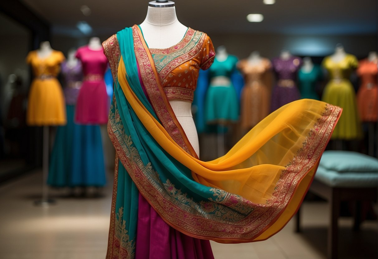 A colorful Gujarati saree being elegantly draped on a mannequin, with intricate pleats and folds, showcasing the traditional draping technique