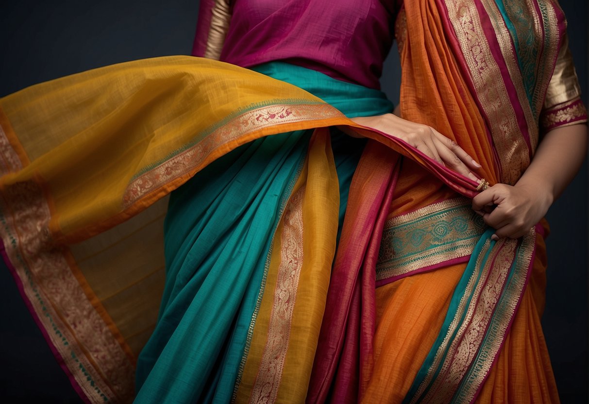 A vibrant Gujarati saree being elegantly draped with intricate folds and pleats, showcasing the artful technique of traditional draping