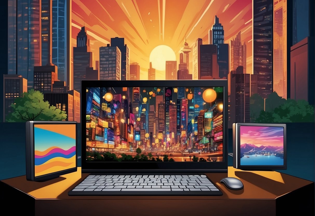 A computer screen displaying various cartoonization styles and effects, with colorful and dynamic illustrations being transformed into cartoon versions