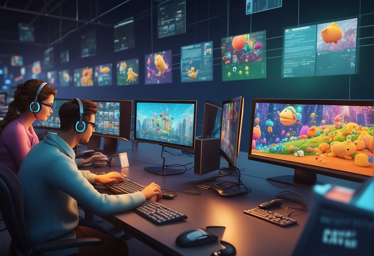 AI cartoonizers at work, transforming images into whimsical cartoons. Computer screens display colorful, playful illustrations. AI algorithms run in the background, creating art