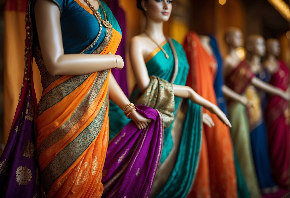 A woman's hand holding a vibrant Maharashtrian saree, with intricate patterns and bold colors, being gracefully draped over a mannequin