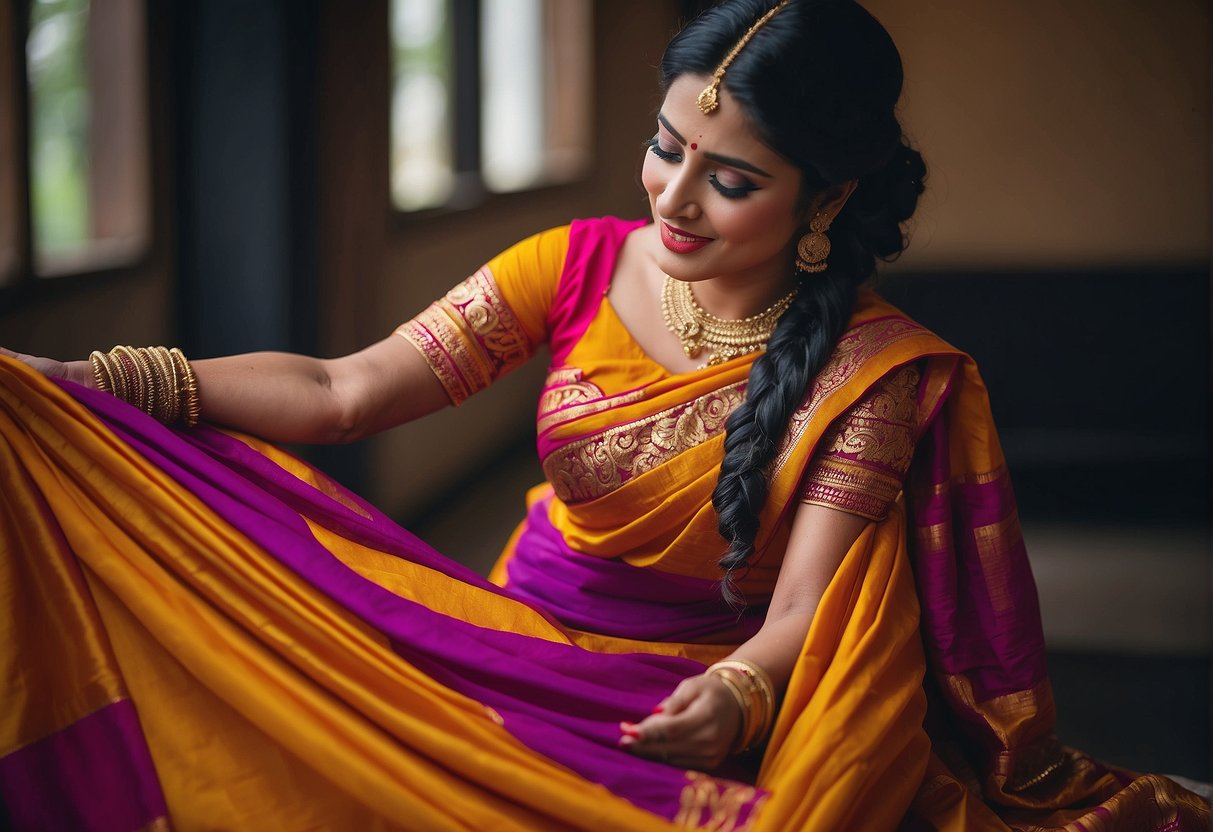 A vibrant Maharashtrian saree being gracefully draped, showcasing the traditional style with intricate pleats and elegant folds