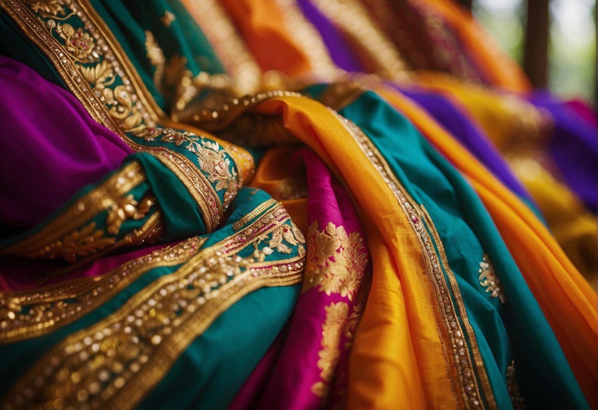 A colorful Maharashtrian saree being draped in the traditional style, with intricate details and variations representing the cultural significance