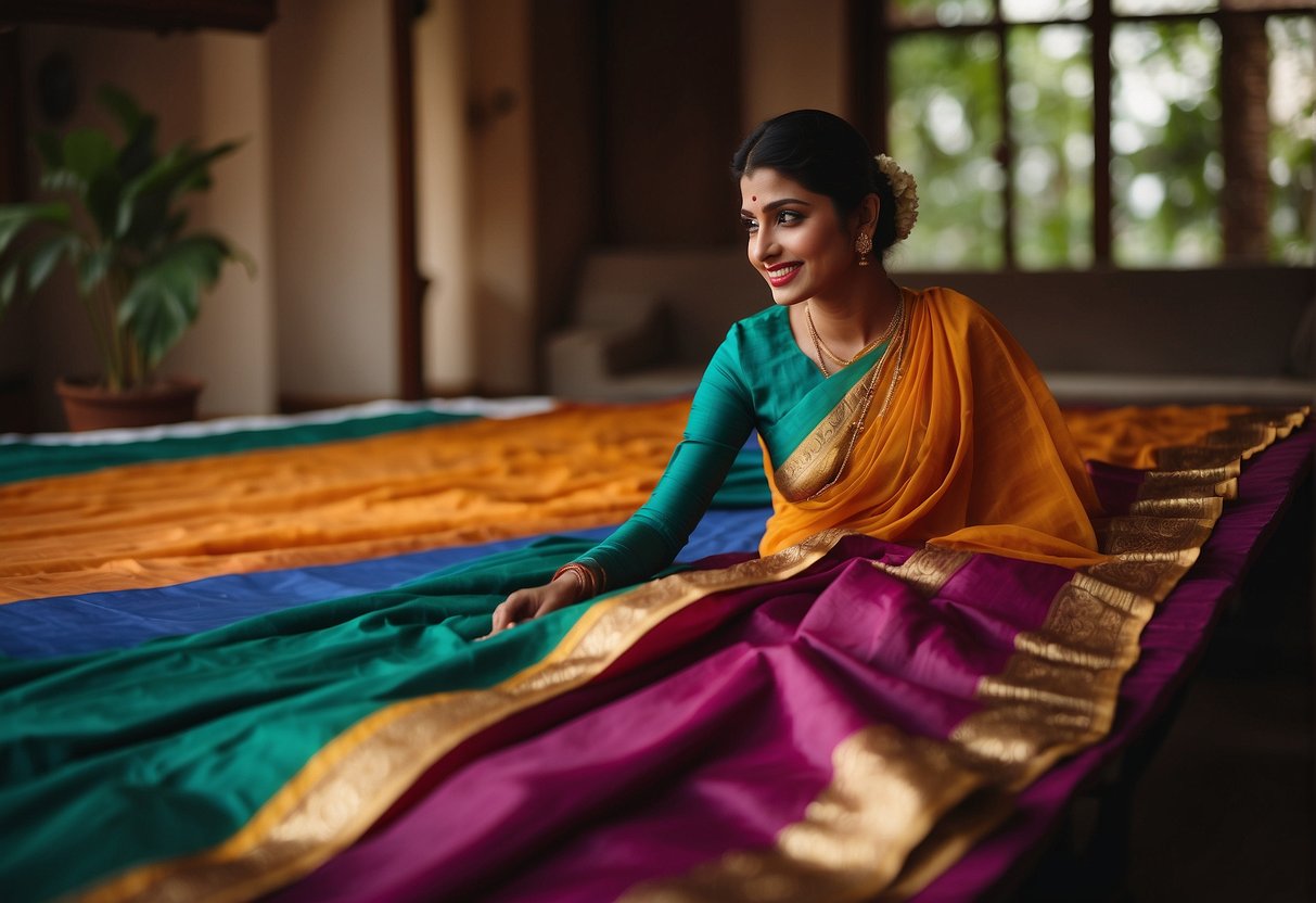 A colorful saree being draped in the traditional Kerala style, with pleats neatly arranged and the pallu gracefully falling over the shoulder