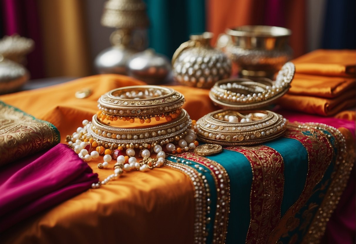 A table with neatly folded saree, blouse, and petticoat. A mirror and accessories laid out for draping. Bright, colorful fabrics and traditional jewelry