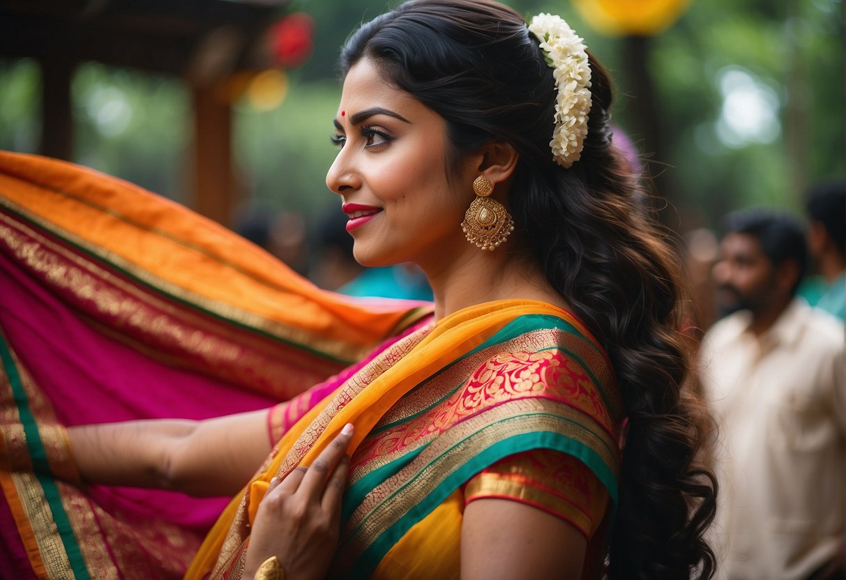 A woman's hand holding a vibrant Kerala saree, gracefully draping it over her shoulder in traditional style. Bright colors and intricate patterns add to the visual appeal