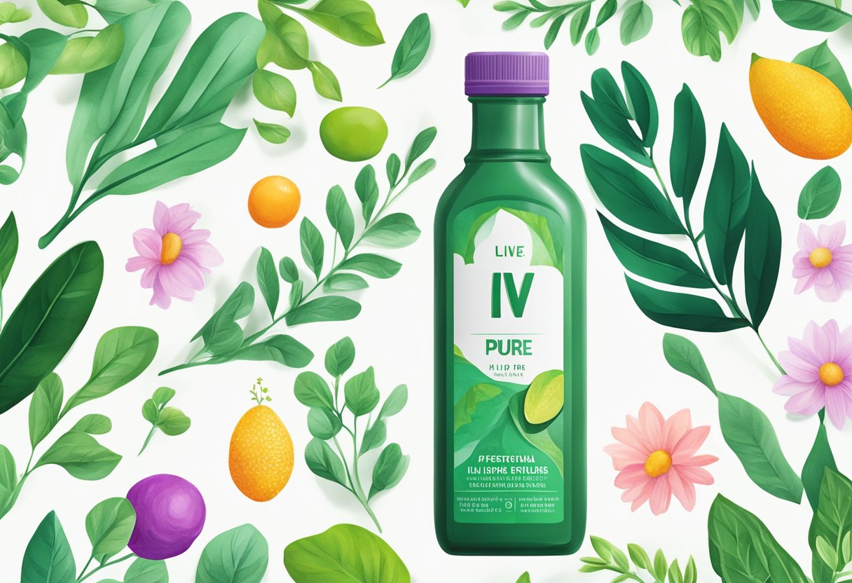 A bottle of Liv Pure sits on a clean, white surface. A healthy liver is depicted, surrounded by vibrant, green foliage, symbolizing improved liver health and function