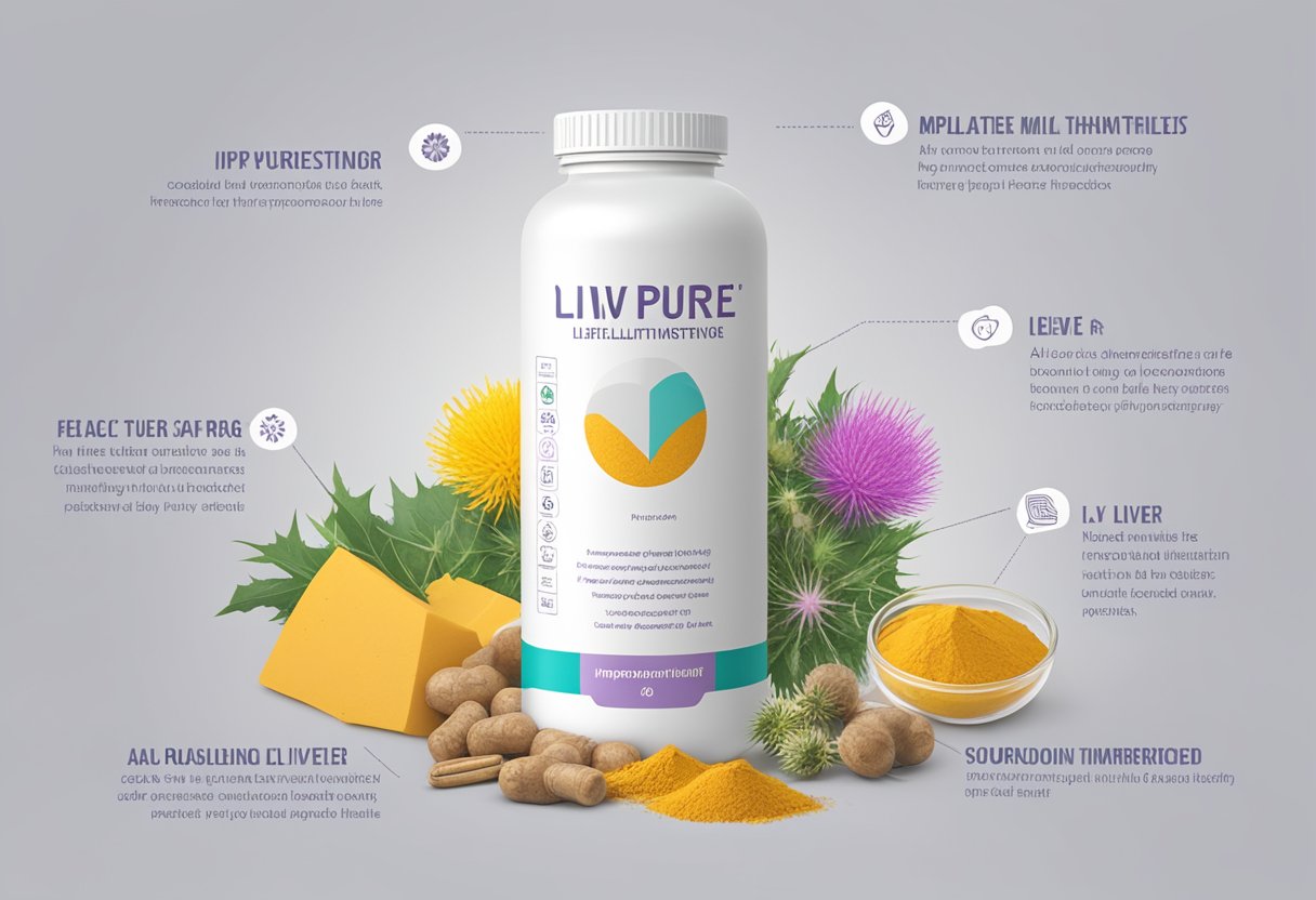 A bottle of Liv Pure surrounded by liver-healthy ingredients like milk thistle, turmeric, and dandelion. A graph showing improved liver function