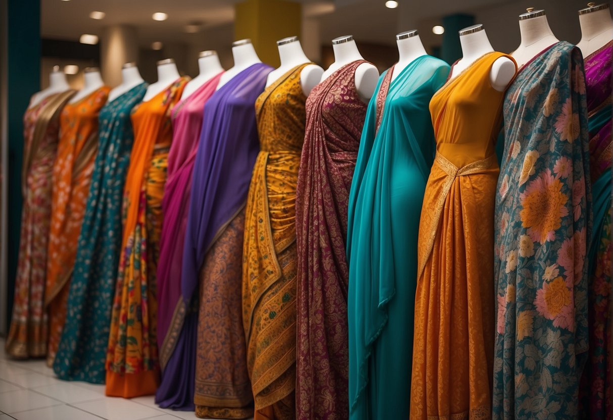 A colorful array of floral print sarees displayed on mannequins in a vibrant boutique setting. The fabric drapes elegantly, showcasing the intricate patterns and vibrant colors