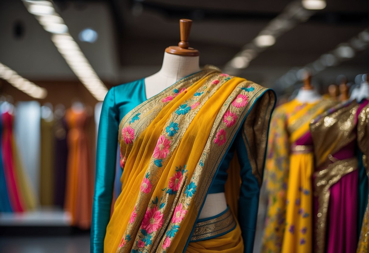 A vibrant floral print saree drapes gracefully over a mannequin, showcasing its captivating allure and stylish appeal